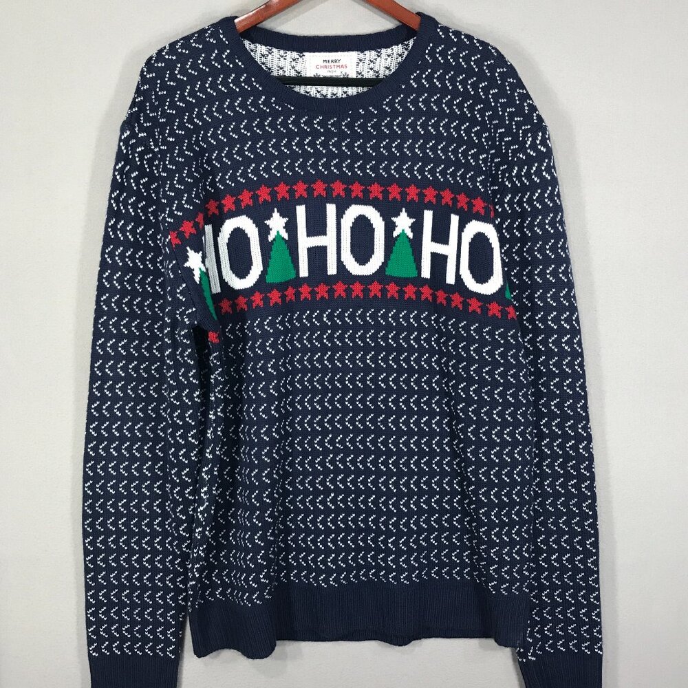Daisys Boutique Sweater Men's Large Blue Knit Pullover Crew Christmas Ho Ho Ho